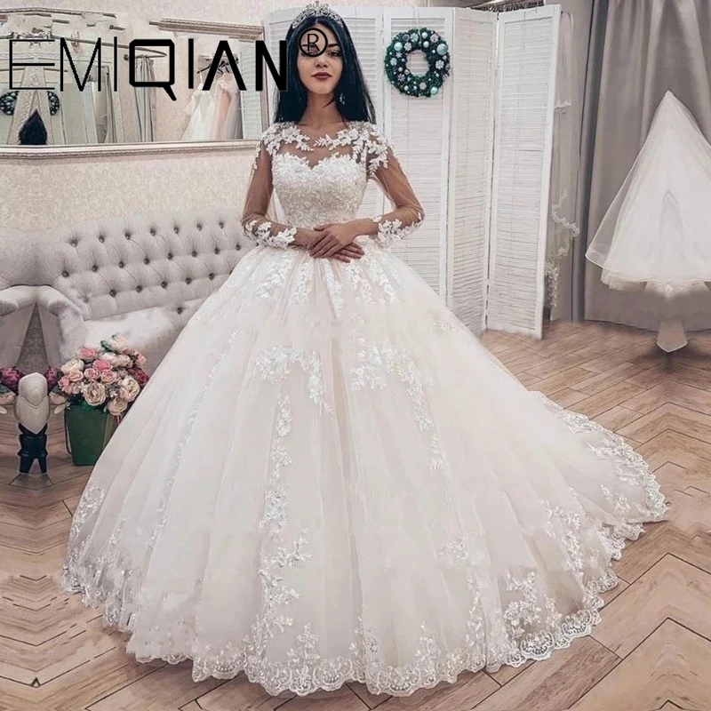 Lange Ärmel Ballkleid Brautkleider Vestido De Noiva Applikationen Hofzug Formale Hochzeit Braut Kleider