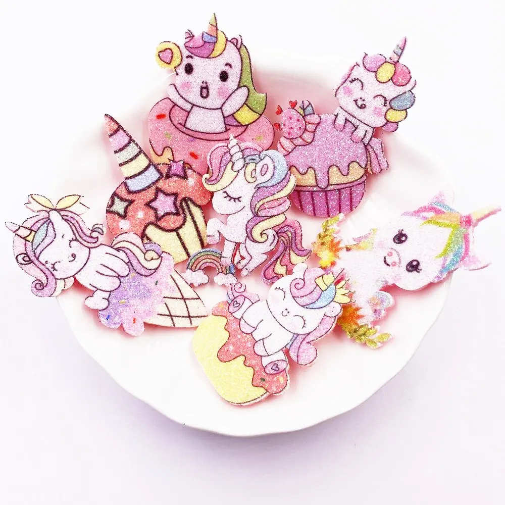 10PCS Felt Fabric Colorful Glitter Bepowder Ice Cream Unicorn Patch Applique Wedding Sewing DIY Hair Bow Craft Accessories  XE69