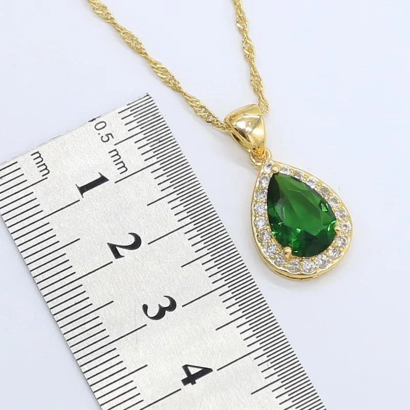 Water Drop Green Stones Gold Color Jewelry Set for Women with Bracelet Long Earrings Necklace Pendant Ring Birthday Gift