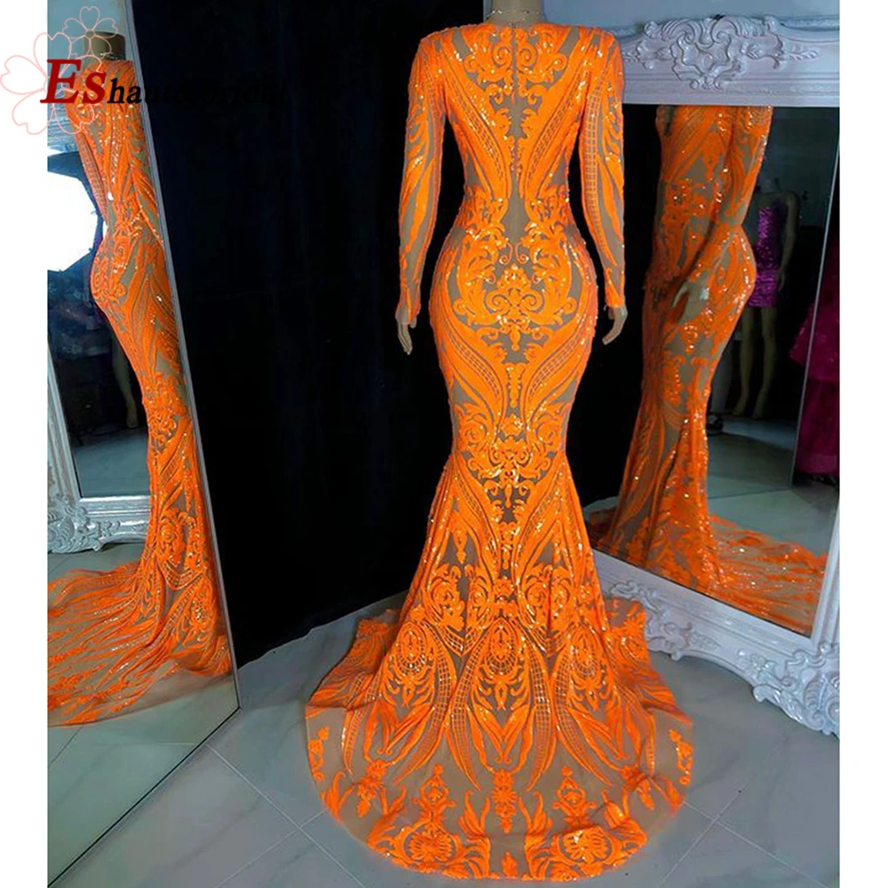 Elegante vestido de fiesta de sirena con lentejuelas para mujer, manga larga, cuello en V, negro, Formal, para boda y noche, 2022