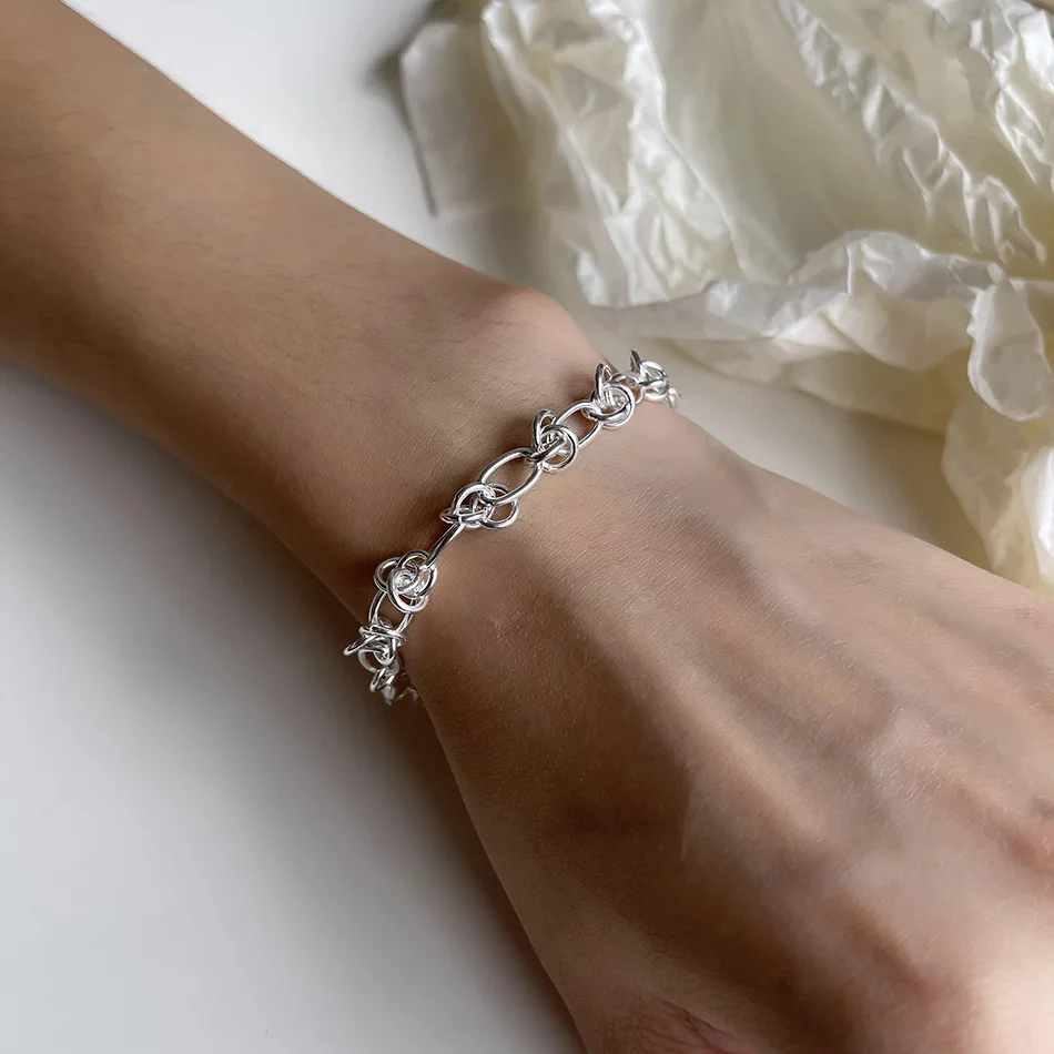

Authentic 925 Sterling silver Braid Open enwind Circles Twist Line Chain Bracelet Geometric Heavy Industry fine Jewelry C-A299