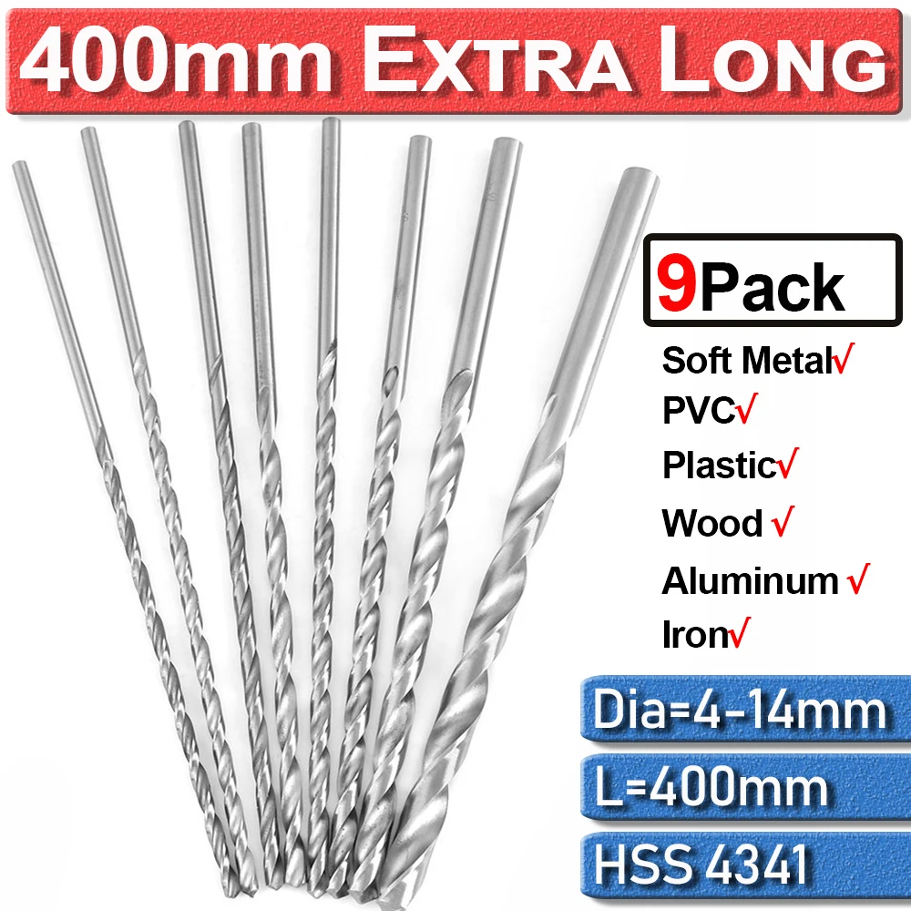 Metal Drilling Twist Drill Bits HSS Extra Long Drill Bit 6/7/8/9/10/11/12/13/14mm 9Pc Extra Long High Speed Cobalt Steel D30