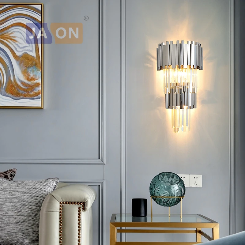 Art Deco LED Postmodern Stainless Steel Crystal Golden Clear LED Lamp LED Light Wall lamp Wall Light Wall Sconce For Bedroom