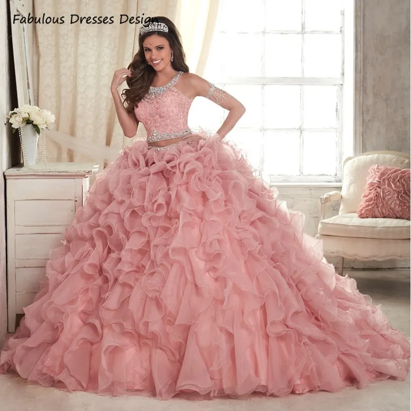 Vestido de quinceañera Rosa polvoriento de dos piezas, Top de encaje con cuello redondo de cristal y falda de tul, vestido dulce 16, vestido de baile de desfile