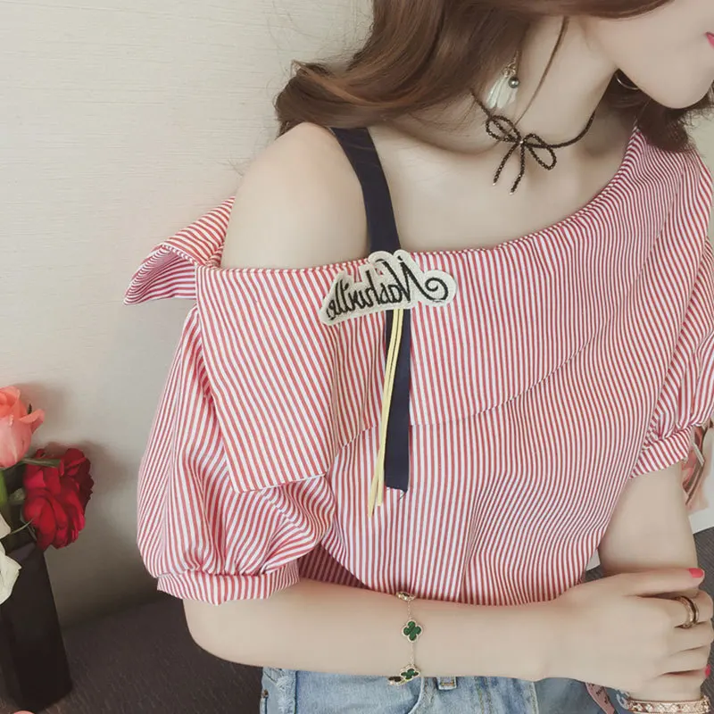 Short Sleeve Kawaii Striped One Shoulder Casual T Shirt 2021 Women Clothes Off Shoulder Cute Tops Korean Tshirt Female Clothing