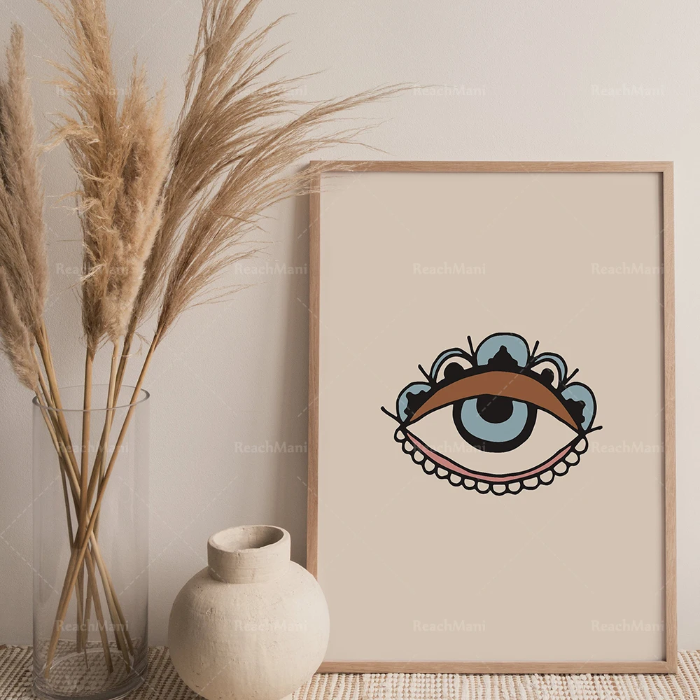 Traditional Evil Eye Flowers Pink Printable Wall Decor Mid-Century Modern Art Digital Print Boho Decor Minimalist Print