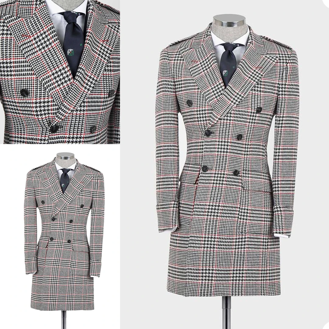 

England Style Plaid Coat Custom Made Peaked Lapel Double Breasted Check Blazer Prom Party Streetwear Loose Male Clothes Jacket