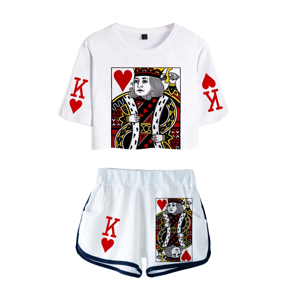 Moda jqk poker 3d imprimir estilo 2021 estilo de duas peças verão camisa umbilical das mulheres moda casual legal menino/menina verão conjunto