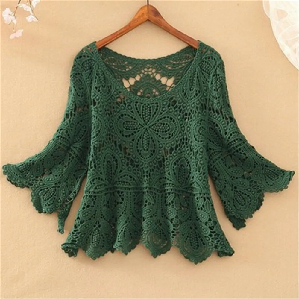 2024 Korean fashion spring new lace tops Small coat female crochet hollow five-point sleeve top sweater o neck knitted pullover