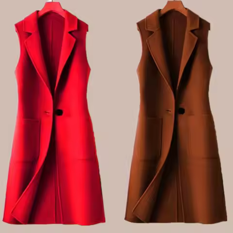 4XL New Woolen Vest Female Coat Spring Autumn Outerwear Slim Show Thin All Match Mid-Length Fashion Sleeveless Female Jacket