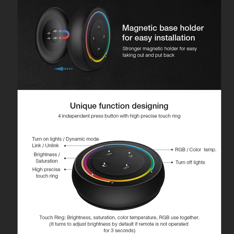 Imagem -04 - Arco-íris sem Fio rf Base Magnética Redonda Controle Remoto 3v Compatível com Miboxer Rgbw Rgb Mais Cct Conduziu a Luz Controlador Novo 2.4g