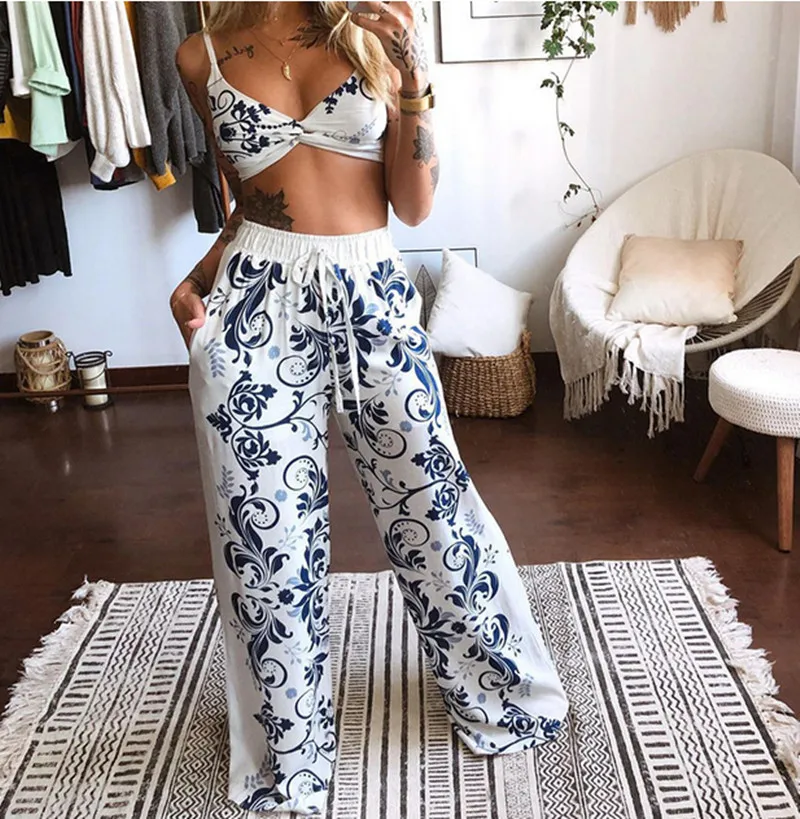 Two-Piece Suit Summer Women Boho Beach Style Print Underwear Loose Wide Leg Pants 2pcs Outfits Tracksuit Sets 2021