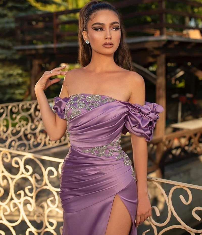 Eightale Evening Dress for Women Strapless Beaded Pleats Satin off the Shoulder Prom Arabic High Side Split Mermaid Party Dress