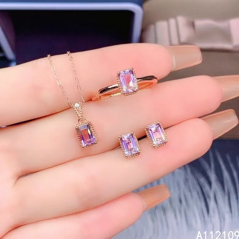 

Fine Jewelry 925 Pure Silver Inset With Gem Women's Luxury Classic Rectangle Ametrine Pendant Adjustable Ring Earring Set Suppor