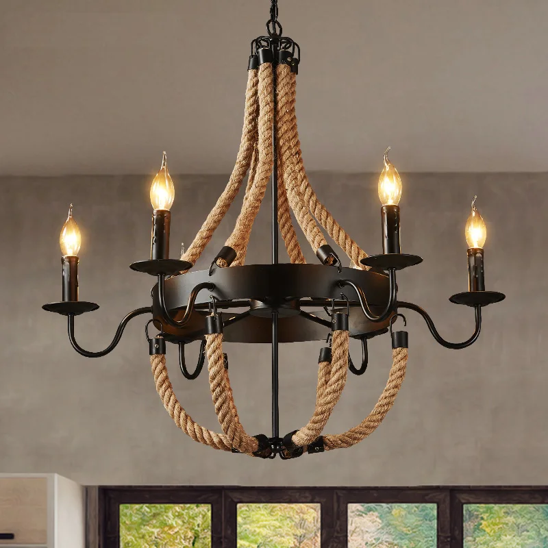 Black Vintage Loft Industrial Personality Chandelier Hemp rope lamp cord Bar Coffee wrought iron chandelier lamps and lanterns