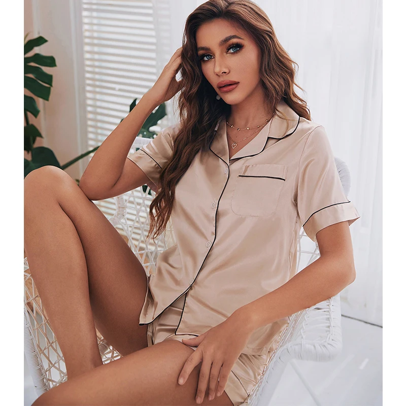 Womens Satin Silk Pajamas Suit,  Pjs Summer Short Sleeve Top Shorts , Ladies Pijama Sets Soft , Sexy Homewear Loungewear image 2
