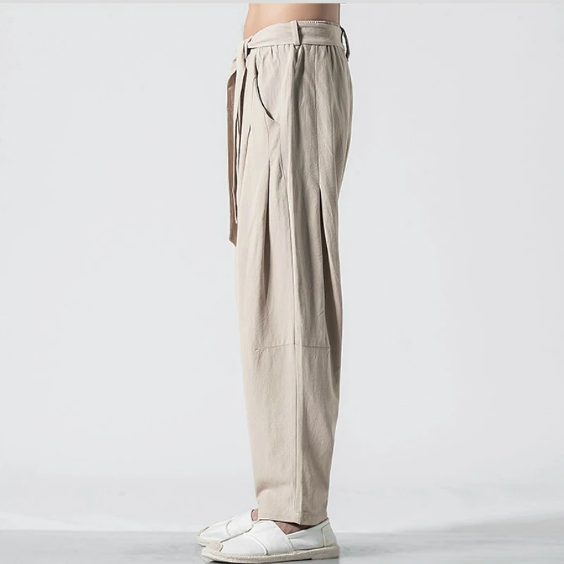 Summer Chinese Style Retro Men's Pants Loose Straight Linen Pants Tang Suit Wide Bloomers Joggers Large Size Cotton Harem Pants