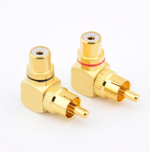 2 peças rca conector macho para fêmea, ângulo reto, 90 graus, adaptador de tomada