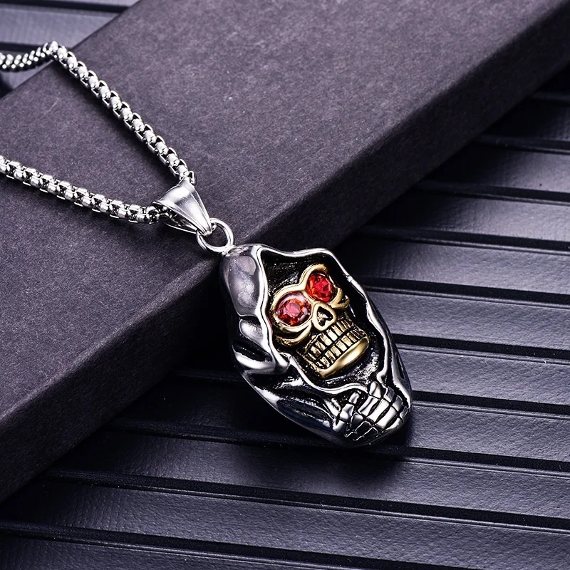 New Trendy Skull Shape Pendant Necklace Men's Necklace Fashion Bohemian Red Crystal Inlaid Pendant Accessories Party Jewelry