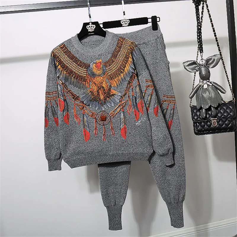 

Black Gray Knitted Two Piece Outfits Women Tracksuit 2pc Loose Beading Eagle Print Sweater Pencil Pants Set Female Knitting Suit