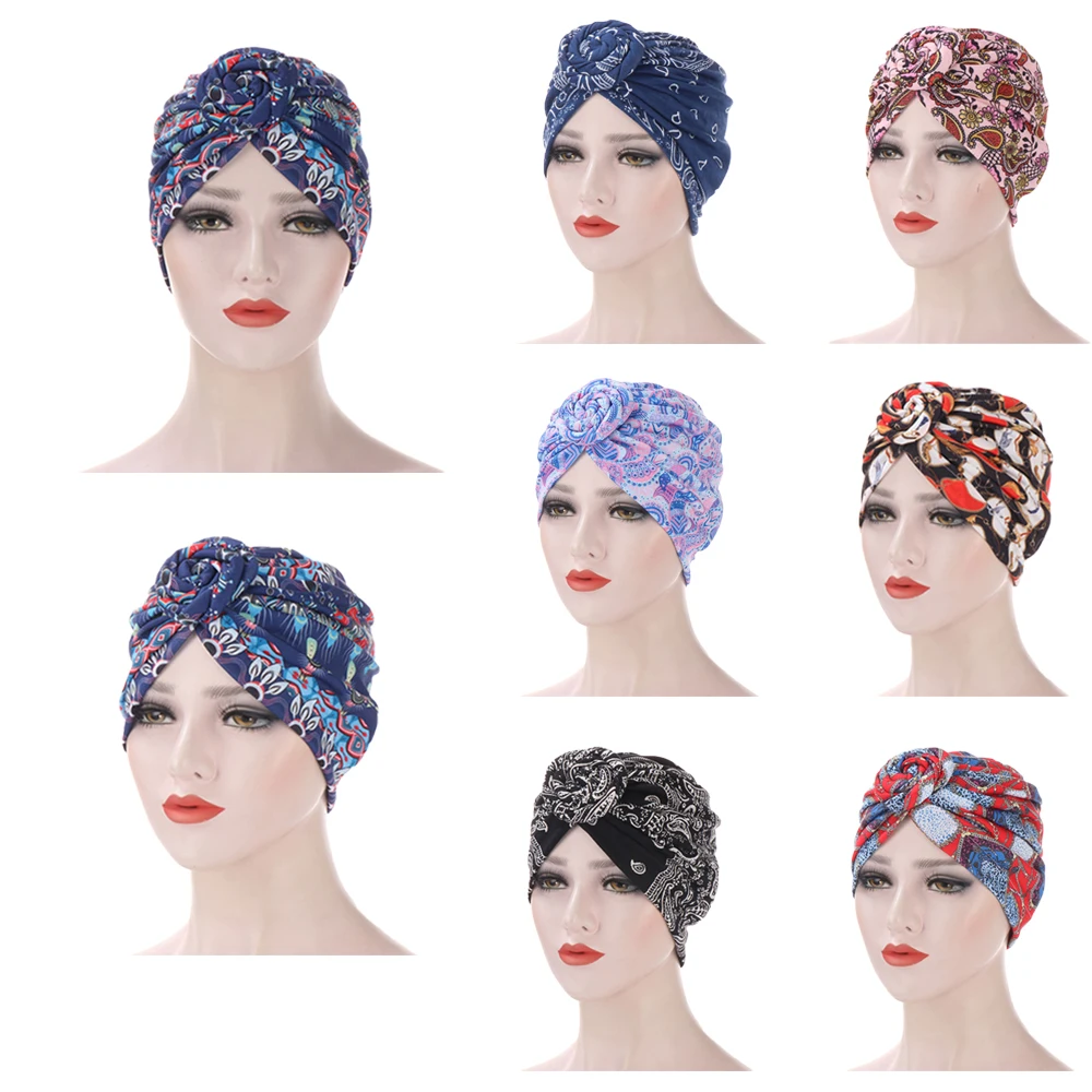 Women Hair Loss Hijabs Twist Knot Lady Cancer Chemo Cap Muslim Turban Hat Arab Head Wrap Cover Beanie Headwear Skullies Printed