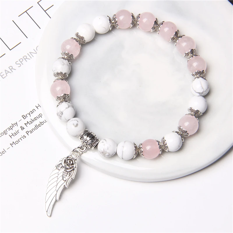 Handmade Silver Color Rose Angel Wing Pendant Bracelet Natural Pink Quartz Crystal Beads Charm Bracelet Women Romantic Jewelry