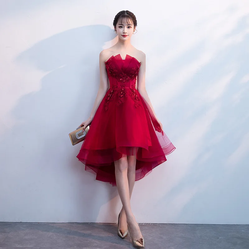 

2019 New Spring Evening Dress Short Front Long Back Strapless Prom Dress Applique Flower Sexy Backless Banquet Dresses