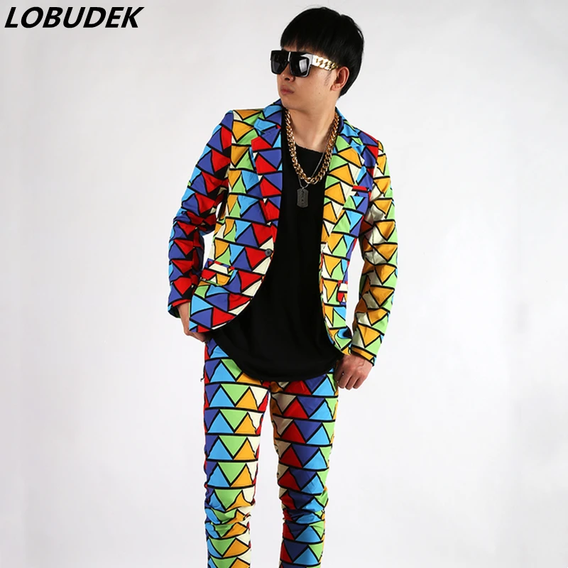 Dancer Suit Hip Hop 2 Piece Set Men's Rap Singer Bar Nightclub Concert Dance Costume Triangular Pattern Blazer Pants Outfits