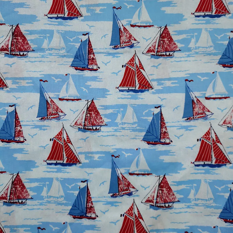 Good Lt.Blue 100% Cotton Fabric Blue Sky Clouds Sea Sail Boat Printing Fabric Sewing Patchwork DIY Children Clothing/Girl dress