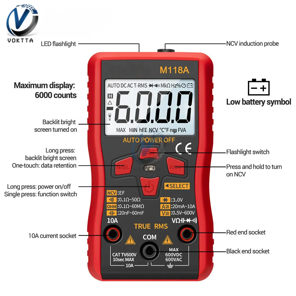 ANENG M118A Digital Multimeter Tester Multifunction Auto True Rms Tranistor Meter with NCV Data Hold 6000counts Flashlight