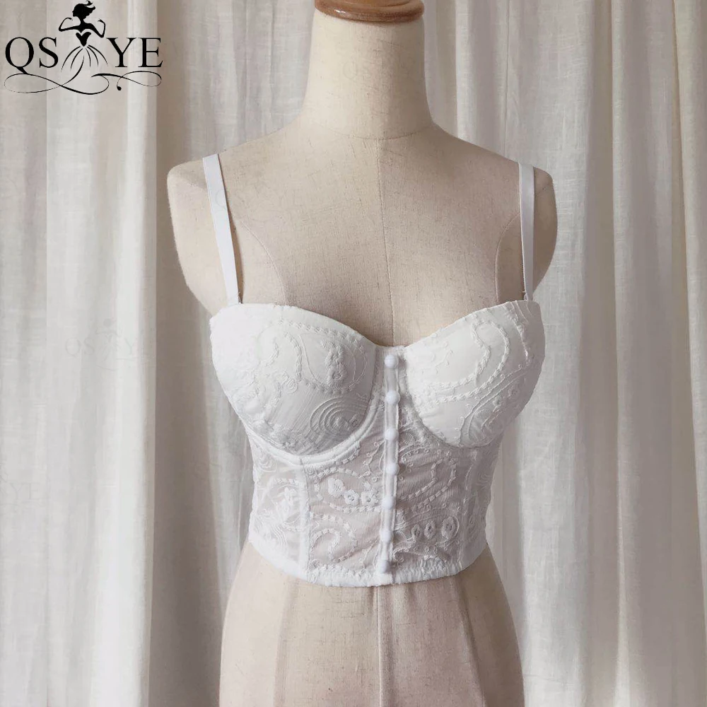 QSYYE Sexy White Bridal Top Dress Women Sweetheart Mesh Stitching Crop Top Buttons Top Nightclub Navel Pattern Lace Party Gown