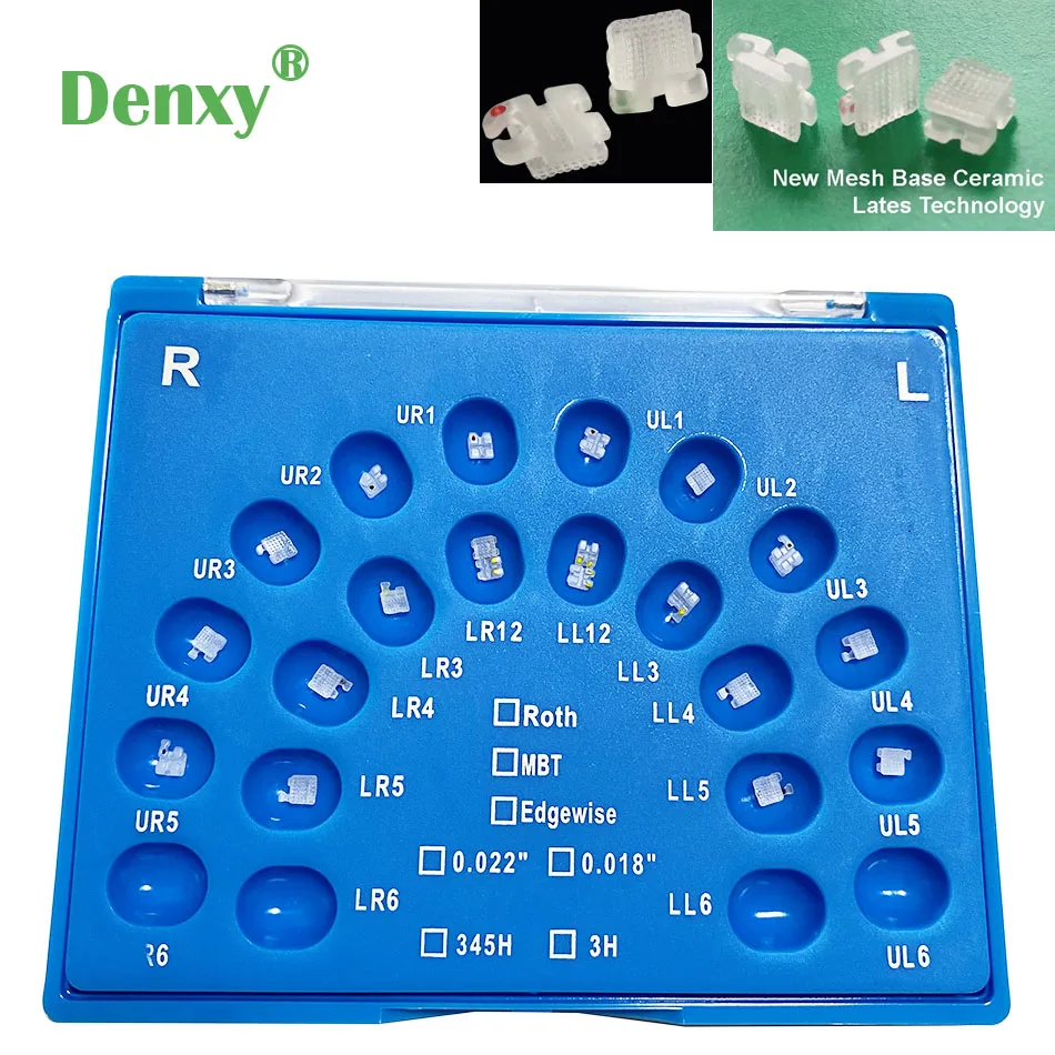 Denxy 2sets 3Series Ceramic Brakcets Orthodontic Brackets Mesh Base Dental Orthodontic Brace MBTt/Roth 022 hooks345