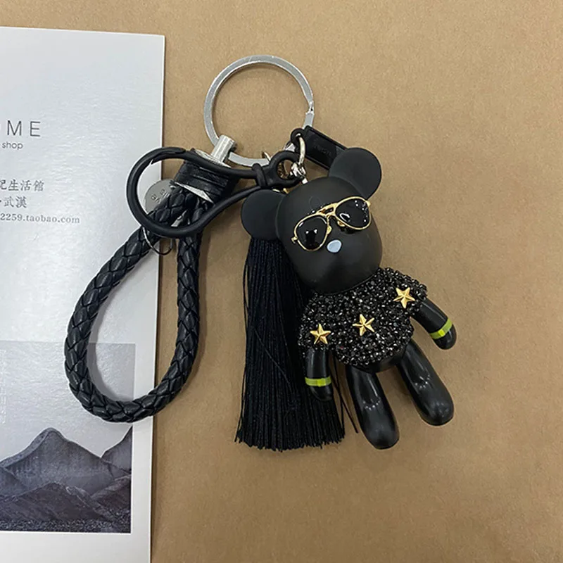 Leather Weave Rope Bomgom Popobe Gloomy Rhinestone Keychain Tassel Glasses Bear Key Chain Ring Holder Bag Charm Black Pendant