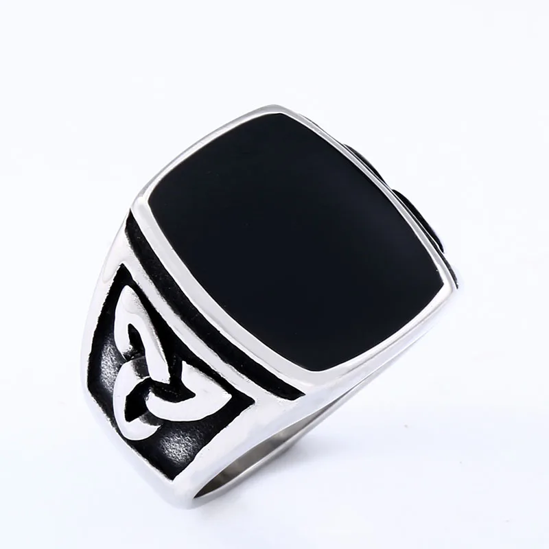 BEIER Punk Titanium Steel Ring for Men Jewelry Flat Black Stone Valknut Signet Ring Odin Symbol Norse Viking Biker Ring  BR8-037