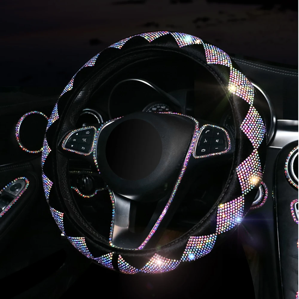 Tampas antiderrapantes universais do volante do carro do luxuoso, strass colorido coberto, 38cm