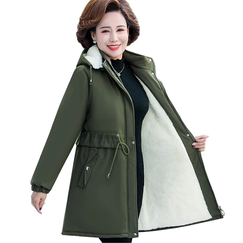 Middle Aged Women Add Velvet Cotton Jacket New Fashion Hooded Parkas Warm Female Winter Jacket Cotton Padded Coat Outerwear 5XL