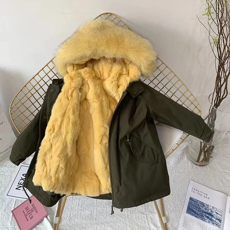 Winter Children Real Fur Warm Parka Removable Rex Rabbit Fur Lining Raccoon Fur Fox Fur Collar Girls Boys Thick Warm Outerwear