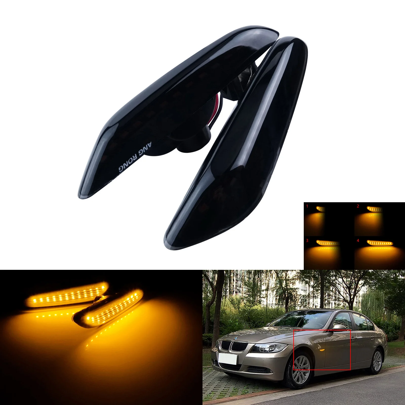 ANGRONG 2X Amber Dynamic Side Marker Indicator LED Repeater Light w/ Black Lens For BMW E81 E87 E90 E91 E60 E61 E84 X3