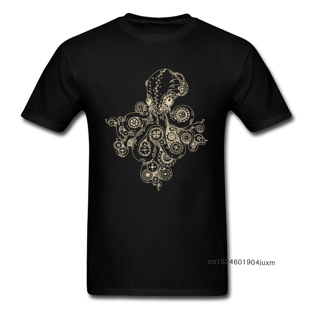 Steampunk Octopus T Shirt Men Top T-shirts Classic Black Tshirt Summer Fall Short Sleeve Crew Neck Cotton Fabric Tops Tees Chic