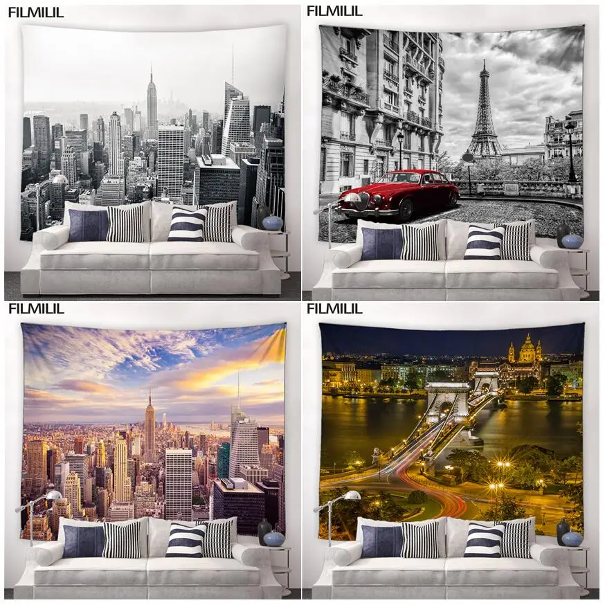 

New York Building City Scenery Tapestry Retro Black White Paris Tower Tapestries Home Study Decor Wall Hanging Mural Art Blanket