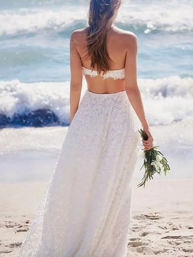 2020 Sexy Strapless A-line Renda Pantai Pernikahan Gaun Musim Panas BoHo Bridal Gaun Robe De Mariage