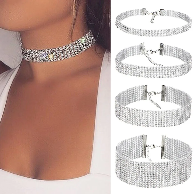 NEW Crystal Rhinestone Choker Necklace Women Wedding Accessories Silver Color Chain Punk Gothic Chokers Jewelry Collier Femme