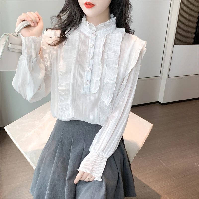 Trumpet Flare Long Sleeves Shirts Women White Blouse Medieval Victorian Royal Court Palace Tops Large Size Flounce Frill Camisa