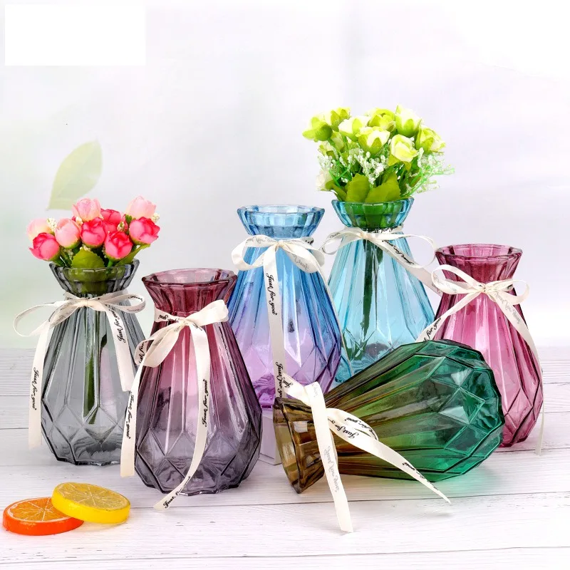 Diamond Shape Transparent Glass Flower Bottle Color Glass Decorative Vase Hydroponic Vase Living Room Tabletop Dry Flower Vase