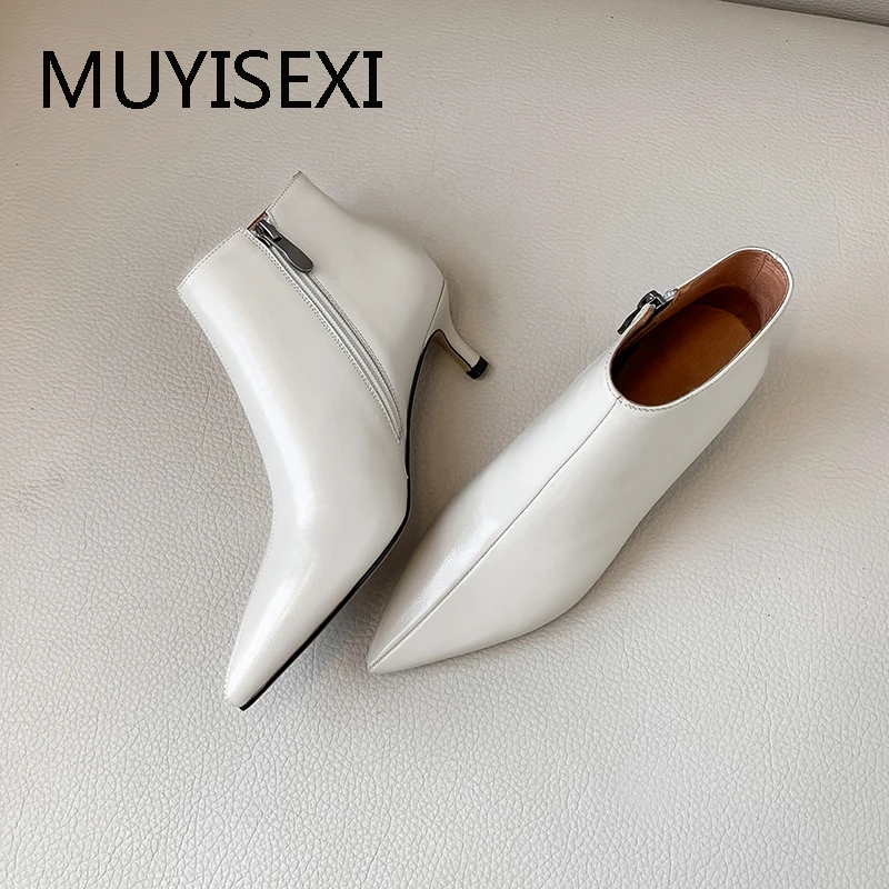 Sexy Ankle Boots Genuine Leather Pointed Toe 5cm Thin Heels Winter Solid Autumn Boots For Women MING002