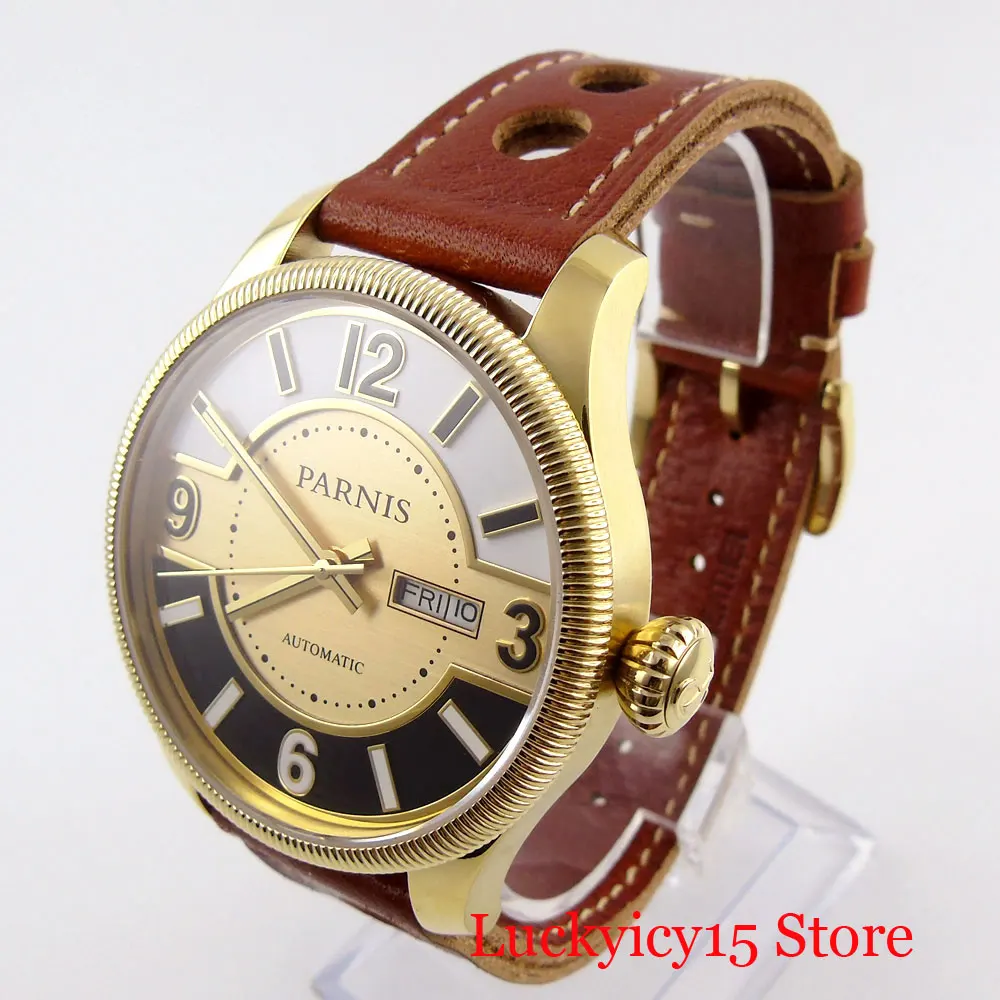 PARNIS Classic Retro Style Sapphire Gold 42mm Automatic Wristwatch Men Week Date Function 21Jewels MIYOTA Movement Leather Strap