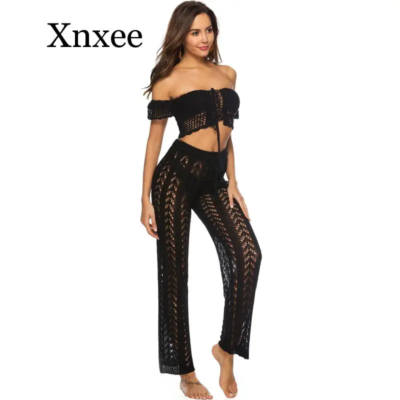 

Summer beach solid pants women clothes Holiday Style sexy Hollow Handhook Loose Knitted casual beach trousers female sexy pants