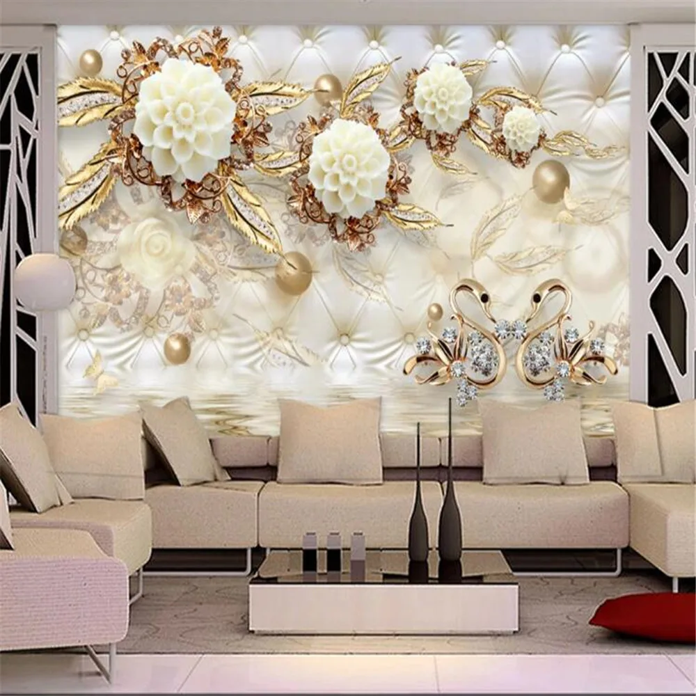 Mlofi custom personality wallpaper mural luxury golden white flower soft bag round ball jewelry TV background wall