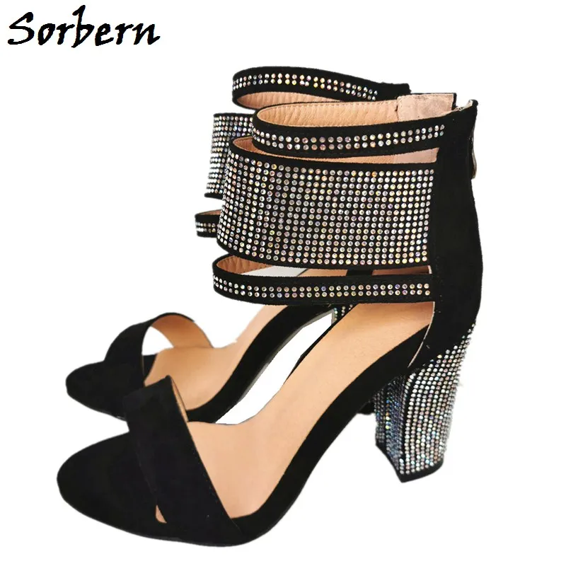 

Sorbern Colorful Crystal Block Heels Women Sandals Wide Ankle Strap Summer Shoes Chunky High Heel Shoes Back Zippers Sandalias