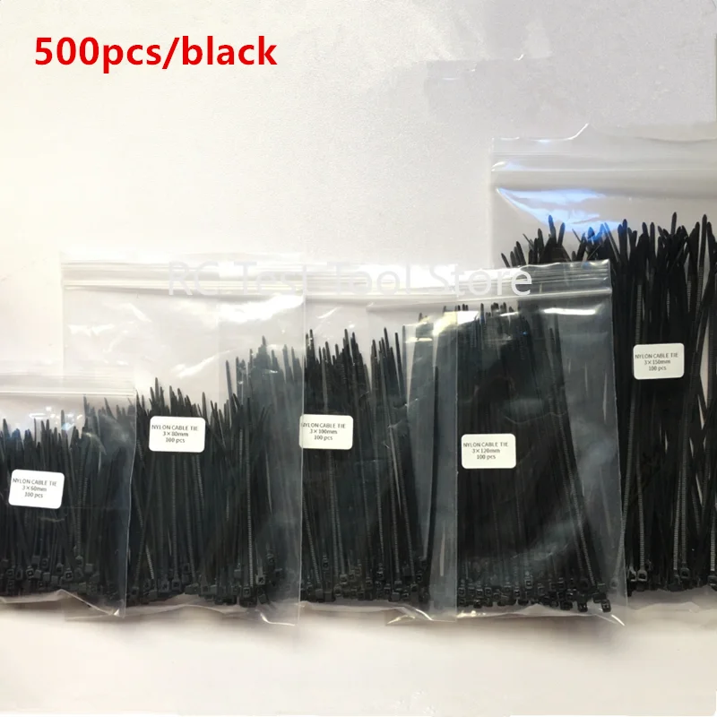 Self-Locking Nylon Cable Ties Set Width 1.9 x60/80/100/120/150mm Assorted Black/White Plastic Zip Loop Wire Wrap 500pcs